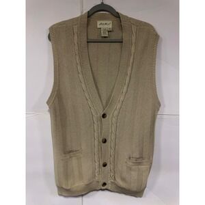 Eddie Bauer Mens M/M Tan Herringbone Cable Knit V Neck Button Sweater Vest